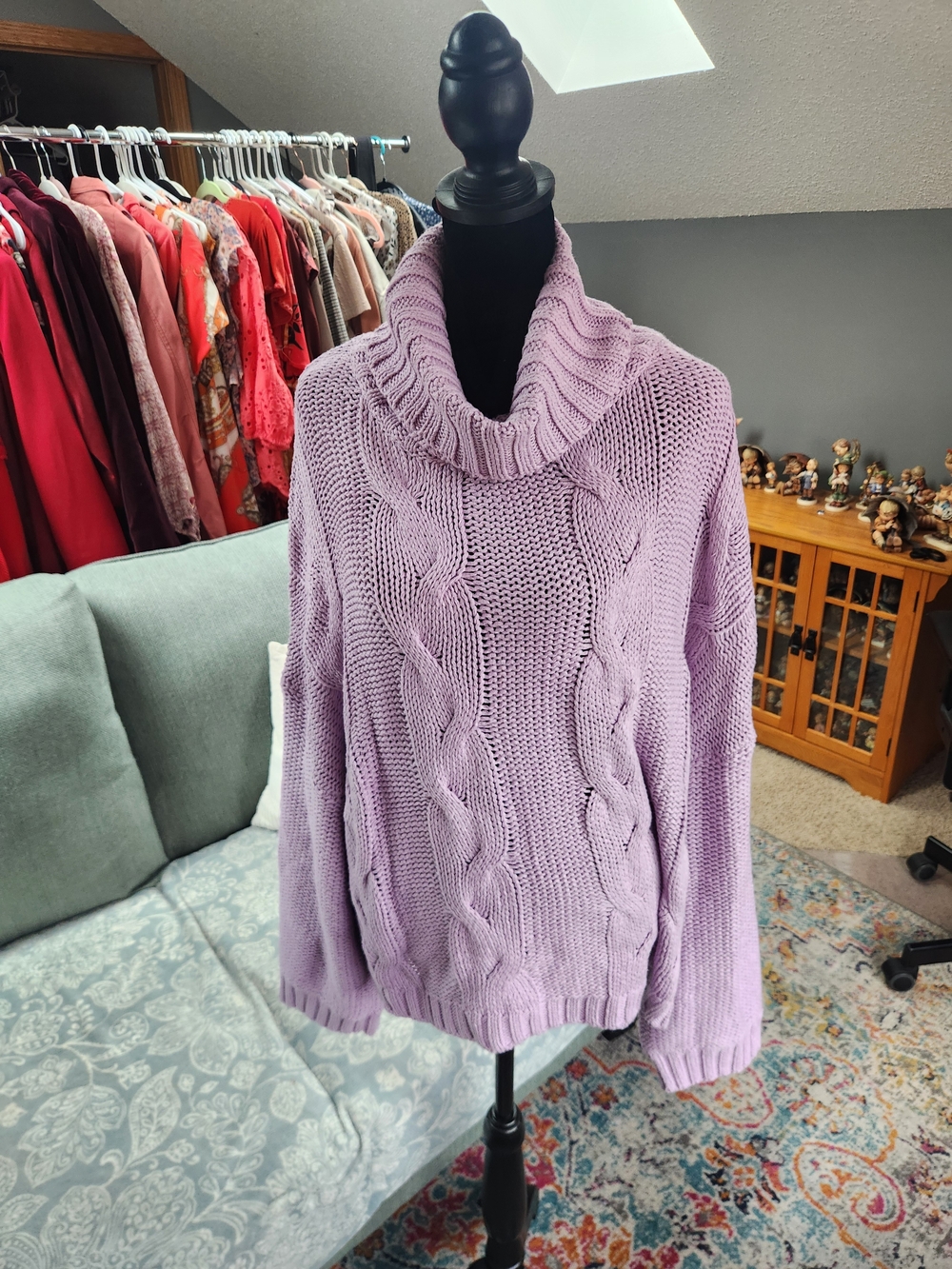 Dokotoo Lavender Cable Knit Cowl Neck Sweater Large Cotton Blend! Like New!